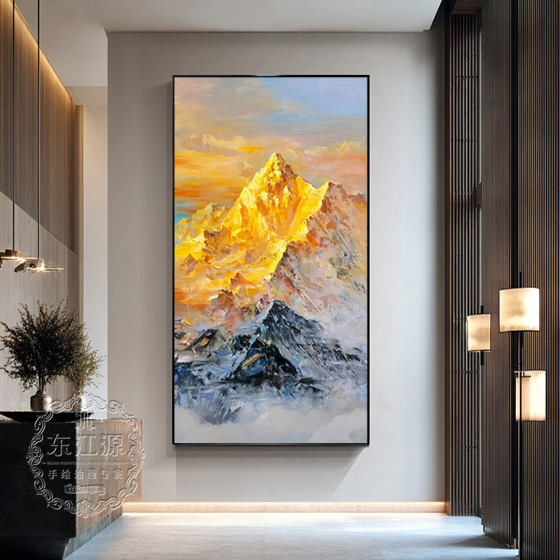 手绘油画玄关装饰画日照金山挂画大芬村高级感现代简约轻奢肌理画