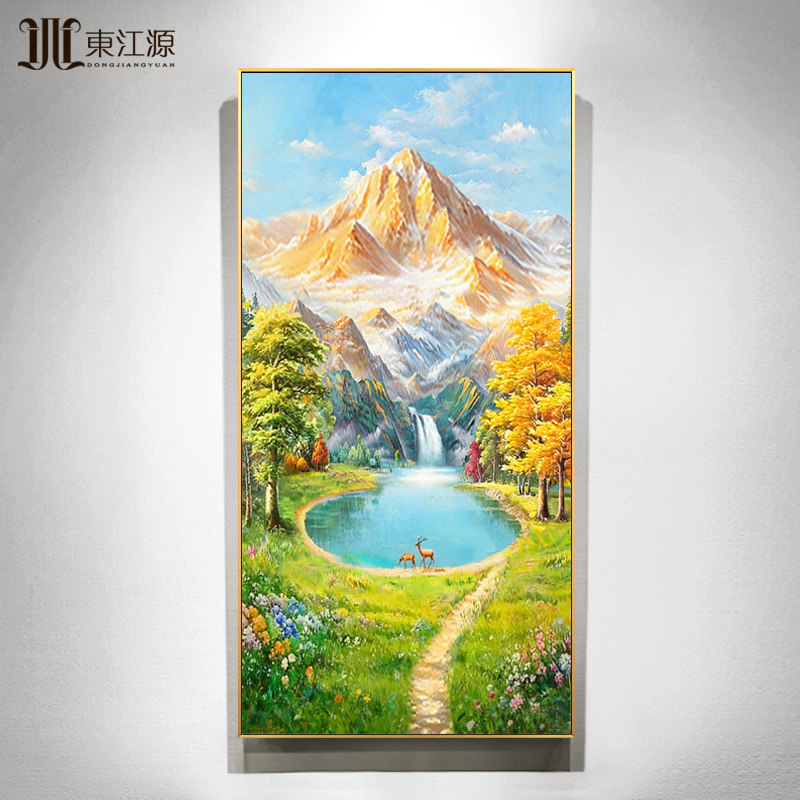 手绘油画玄关装饰画现代简约轻奢美式欧式风景画聚宝盆金山挂画