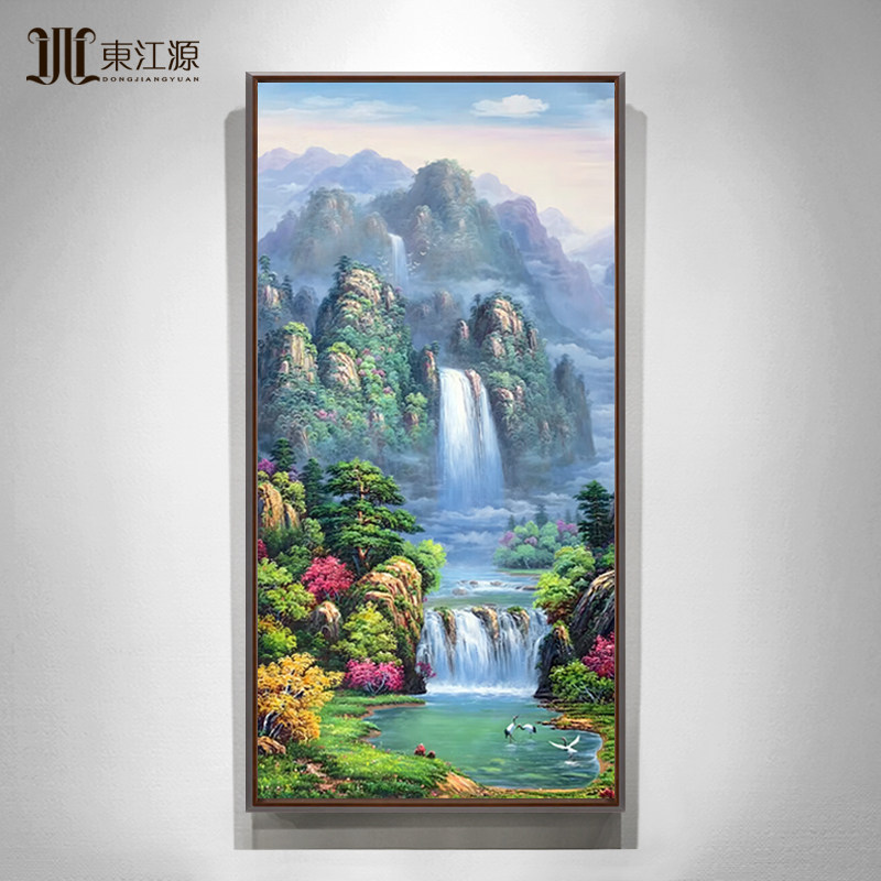 手绘玄关装饰画新中式高端朝鲜油画风景画山水画聚宝盆挂画