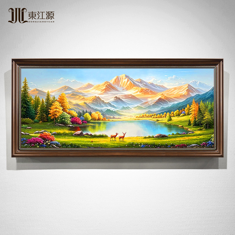 手绘油画欧式美式客厅复古绿装饰画沙发背景墙风景挂画日照金山