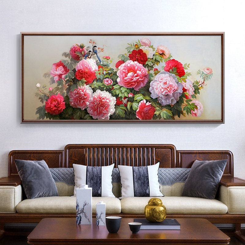 新中式装饰画牡丹油画手绘挂画客厅餐厅花卉卧室床头壁画大芬村
