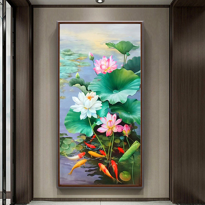 手绘油画入户玄关装饰画荷花挂画九鱼图新中式复古装饰画大芬村图片