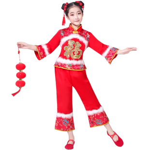2025新款元旦儿童秧歌舞蹈演出服男女红色喜庆打鼓服开门红扇子舞