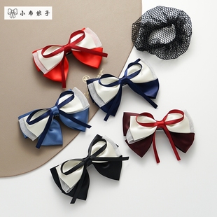新款缎带头花发夹顶夹发饰大蝴蝶结弹簧夹发网网兜 后脑勺盘发夹