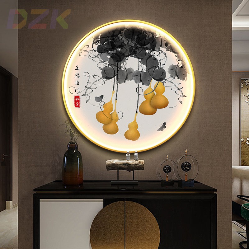 新中式圆形led装饰画带灯感应发光玄关挂画客厅餐厅壁画五福临a8