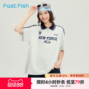 快鱼2026POLO衫女夏新款时尚撞色大版图案休闲上衣运动短袖领T恤
