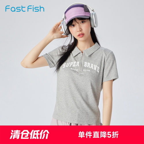 快鱼女2026年夏季新款印花修身舒适基础百搭POLO衫日常简约女短袖