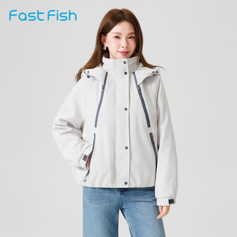 快鱼2025年冬新款棉衣休闲纯色外套小个子短款保暖连帽棉服女