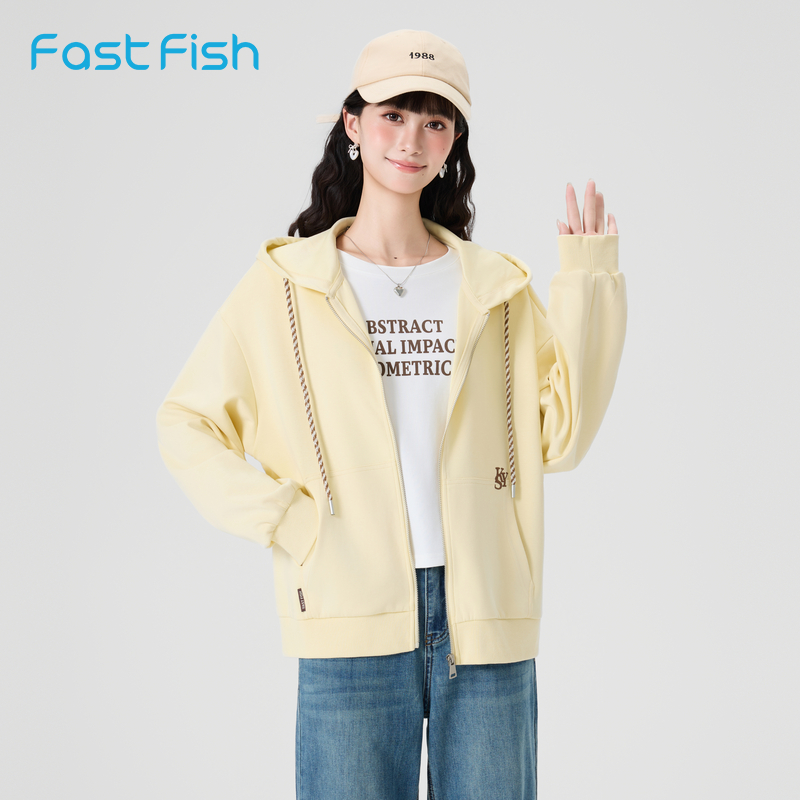 快鱼2025年秋新款针织外套青春流行长袖纯色上衣连帽开衫卫衣女