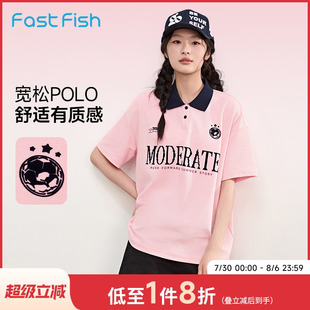 百搭翻领T恤宽松落肩上衣 快鱼字母图案POLO衫 女2025夏季 新款 时尚