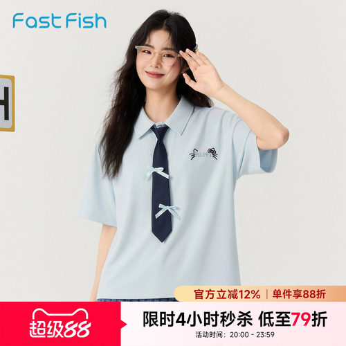 快鱼polo衫女短袖夏薄款2026新款老钱风正肩T恤猫咪刺绣休闲上衣