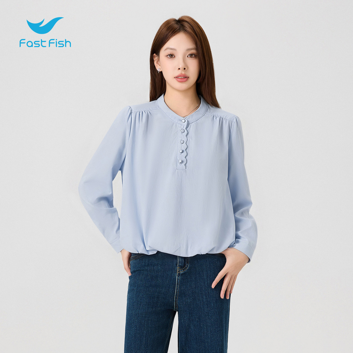 快鱼温柔风浅蓝色立领衬衣女木耳边宽松显瘦通勤百搭小众长袖衬衫										