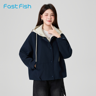 快鱼薄短款棉衣女2025年冬拼接领外套时尚假两件设计棉服连帽上衣