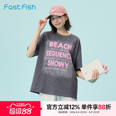 快鱼美式字母短袖t恤女2026新款棉做旧流行街潮宽松女生夏季上衣