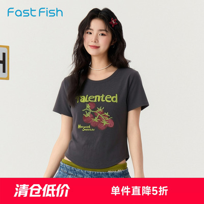 快鱼2026年夏季女圆领基础修身显瘦遮肉高弹可爱减龄柔软舒适T恤