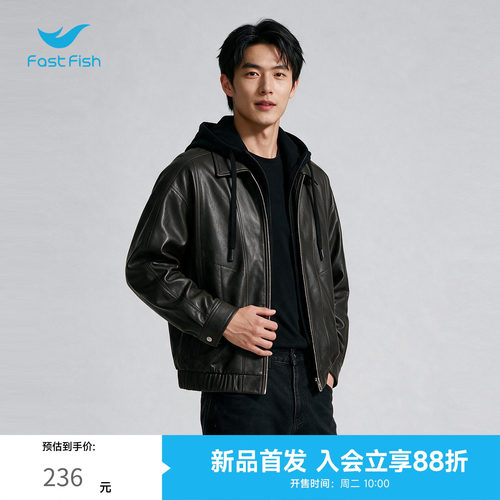 快鱼男士假两件连帽皮衣夹克秋季新款痞帅PU皮外套宽松机车风上衣