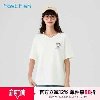 快鱼2026年夏季女士满印多姿态小熊趣味印花宽松柔软舒适棉感T恤