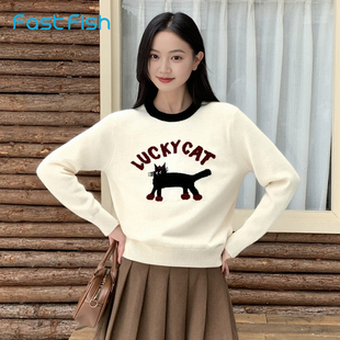 快鱼2025冬新款女士圆领毛衣小猫图案活泼洋气绵羊绒保暖舒适亲肤