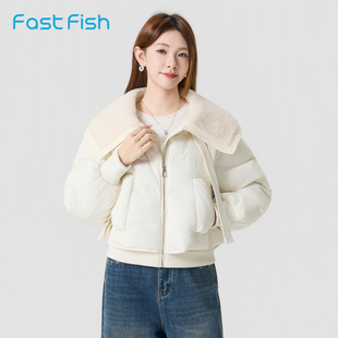 快鱼2025年冬季新款女士翻领拼接羊羔毛领保暖羽绒服时尚百搭