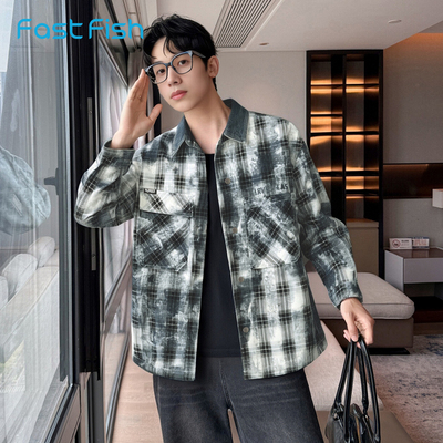 快鱼小格纹衬衫男款2025年秋新款简约翻领休闲外套挺括工装风衬衣