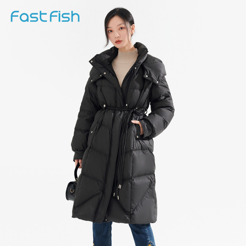 快鱼2022冬新厚带帽长款羽绒服女时尚纯色抽绳灰鸭绒上衣12y5021