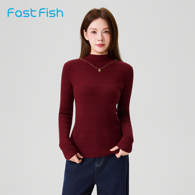 快鱼2025冬季半高领加厚款打底衫上衣加厚一体绒经典百搭女士毛衣