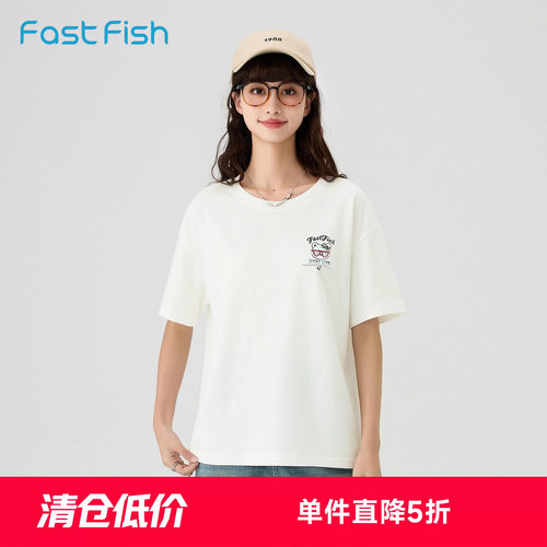 快鱼2026年夏季女士满印多姿态小熊趣味印花宽松柔软舒适棉感T恤