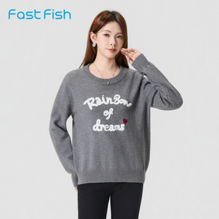 快鱼420g女士圆领毛衣2025年冬季新款刺绣印花针织衫宽松舒适上衣