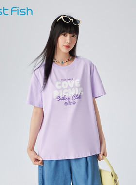 快鱼时尚活力印花棉感短袖T恤女