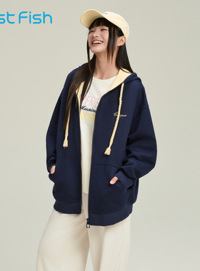 快鱼2025年秋新款针织外套女美式复古运动宽松休闲连帽开衫卫衣潮