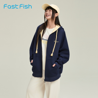 快鱼2025年秋新款针织外套女美式复古运动宽松休闲连帽开衫卫衣潮