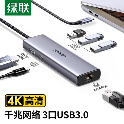 Ugreen绿联CM512Type-C扩展坞USB-C转HDMI转换器6合1 4K网卡15598