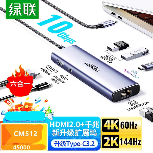 Ugreen绿联CM512六合一拓展坞hdmi+2U3.2+type-c3.2千兆网卡45000