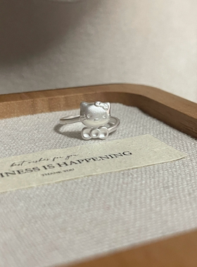 足银999纯银可爱kitty猫蝴蝶结戒指活口可调节送女友礼物