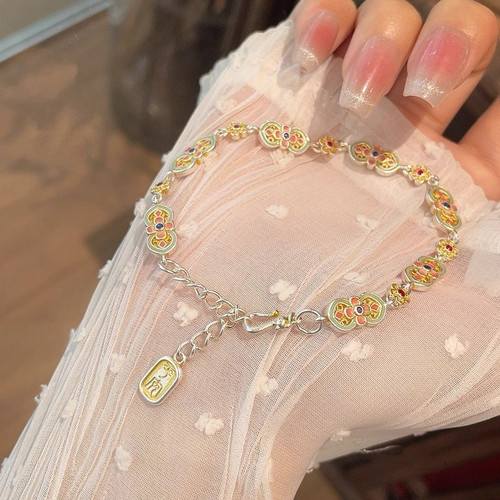 足银999.9描金珐琅彩四叶花葫芦手链女小众设计高级感轻奢送女友