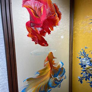 独绣壁布墙布玄关鱼背景墙刺绣现代中式走廊竖款梅花包邮新款画