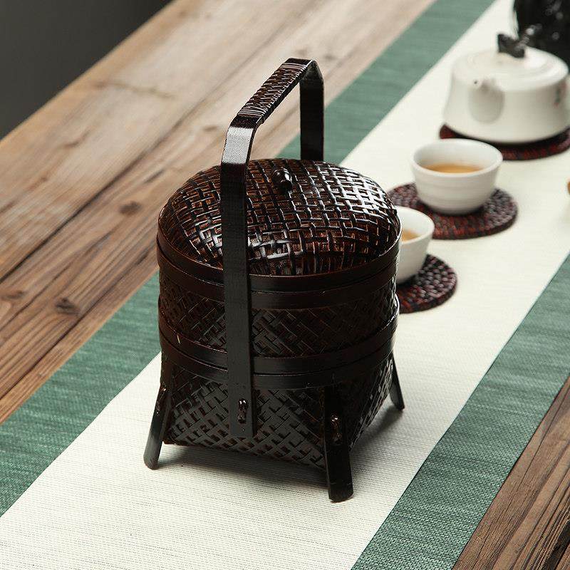 竹制覆古手篮多层篮食品盒茶具收纳盒家用水果篮桌面收纳茶点托盘,特色手工艺,竹编/竹雕,淘宝优惠券,粉丝福利购,淘宝优惠卷