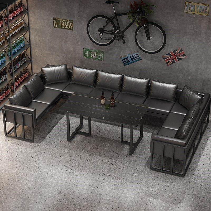卡座沙发组合小酒馆工业风复古皮革烧烤店咖啡厅商用餐桌酒吧桌椅