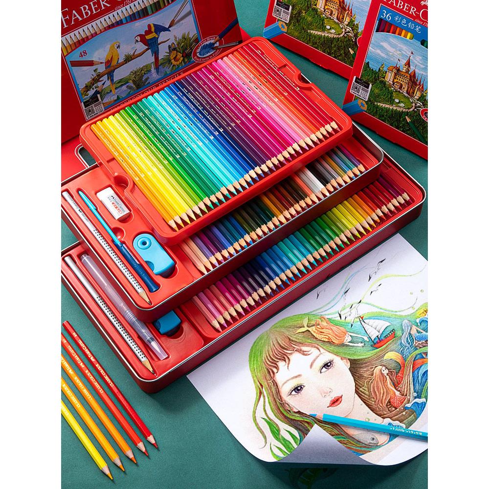德国辉柏嘉水溶彩色铅笔初学者48色铁盒鹦鹉红辉绘画 画套装72色