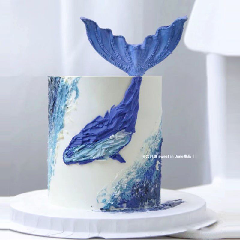 深海蓝色鲸鱼生日蛋糕装饰摆件海洋鱼尾贝壳模具男生梦幻海洋主题