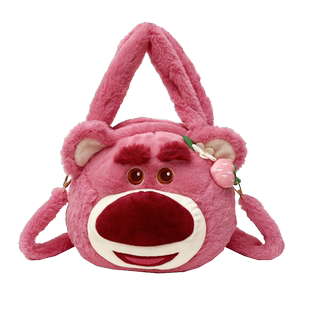 可爱草莓熊包包女冬季新款毛茸茸毛毛包毛绒手提斜挎包迪士尼正品