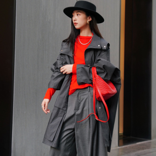 设计师原创可拆卸连帽灰色风衣女中长款秋装新款气质休闲外套大衣