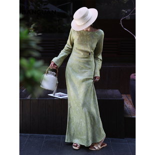 半罐原创女装 新自然主义长袖收腰印花连衣裙女气质长裙度假穿搭