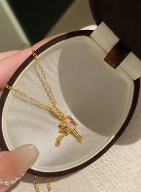 水贝金包银满钻十字架拨浪鼓项链女款新中式复古 轻奢锁骨链