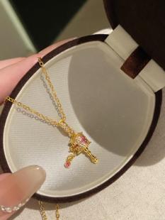 水贝金包银满钻十字架拨浪鼓项链女款新中式复古 轻奢锁骨链