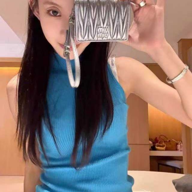 法式半高领蓝色针织吊带背心女春夏季独特别致修身无袖小上衣外穿