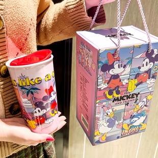 正版迪士尼杯子米奇家族双层陶瓷杯隔热防烫水杯卡通咖啡杯270ml