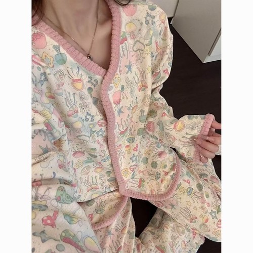 韩系甜美卡通涂鸦空气棉睡衣女冬季新款加绒加厚保暖家居服两件套