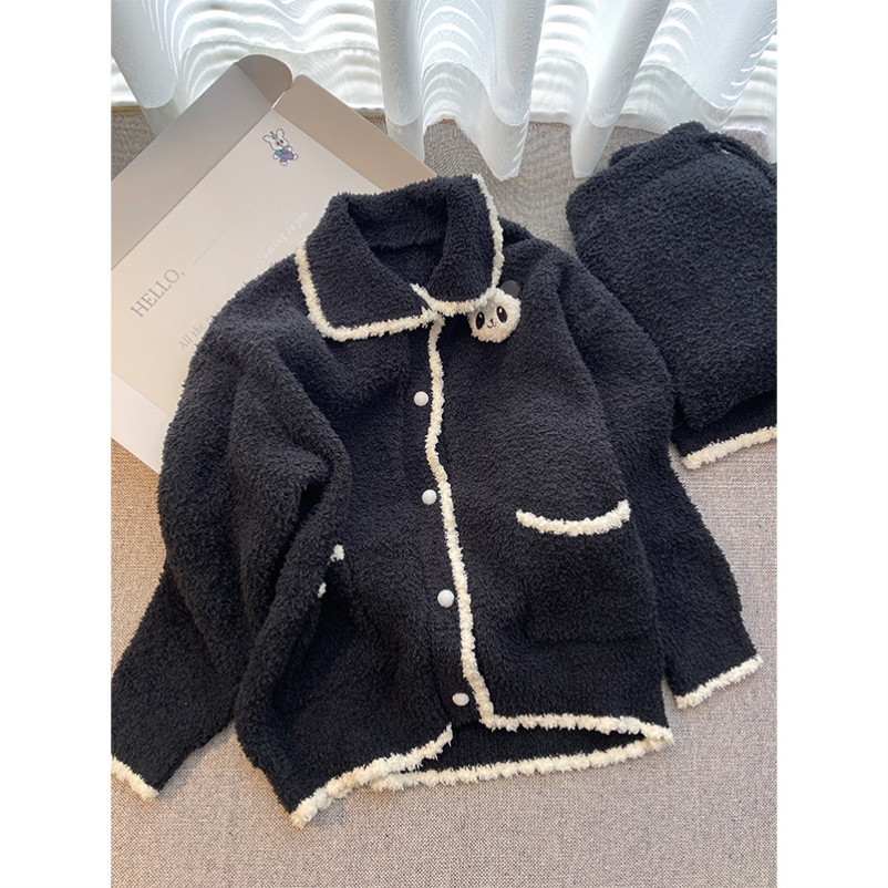 韩系甜美可爱半边绒睡衣女秋冬加绒加厚宽松休闲家居服外穿套装