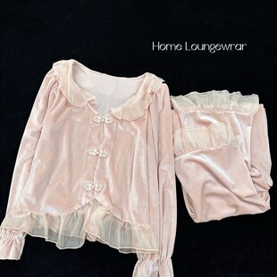 金丝绒睡衣女秋冬季高级感国风2025新款甜美复古宫廷风家居服套装